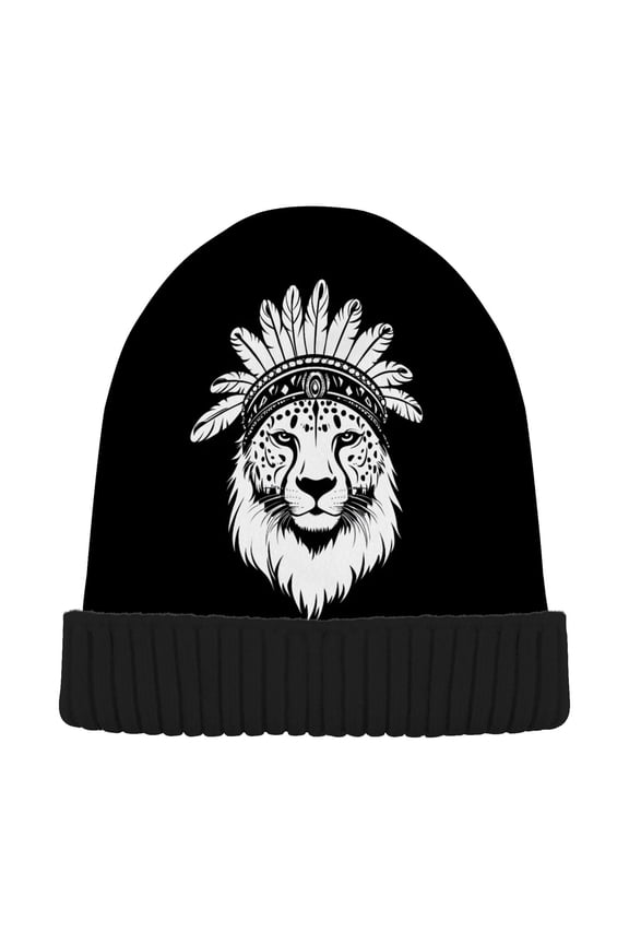 Indian Lion Pattern Beanie Hats Men Women Cuffed Skull Cap Winter Warm Knit Thick Beanies