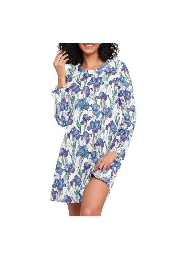 Irises Flowers Women's Long Sleeve Nightgown Sleepwear L