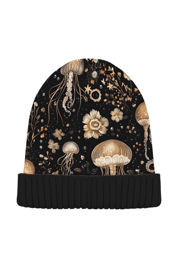 Jellyfish Pattern Beanie Hats Cuffed Winter Warm Knit Thick Beanies