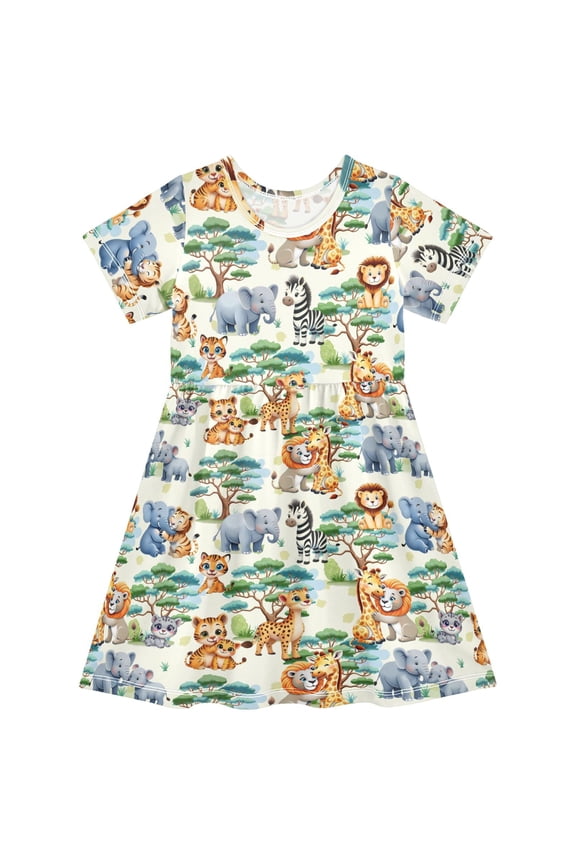 Jungle Animals Lions Elephants Girls' Short Sleeve Dress Kids Dresses 2T
