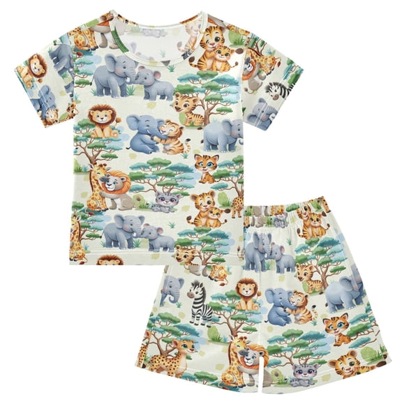 joogoo Jungle Animals Lions Elephants Pattern Pajama Sets Short Sleeve Cotton 2-Piece Sleepwear 10Y