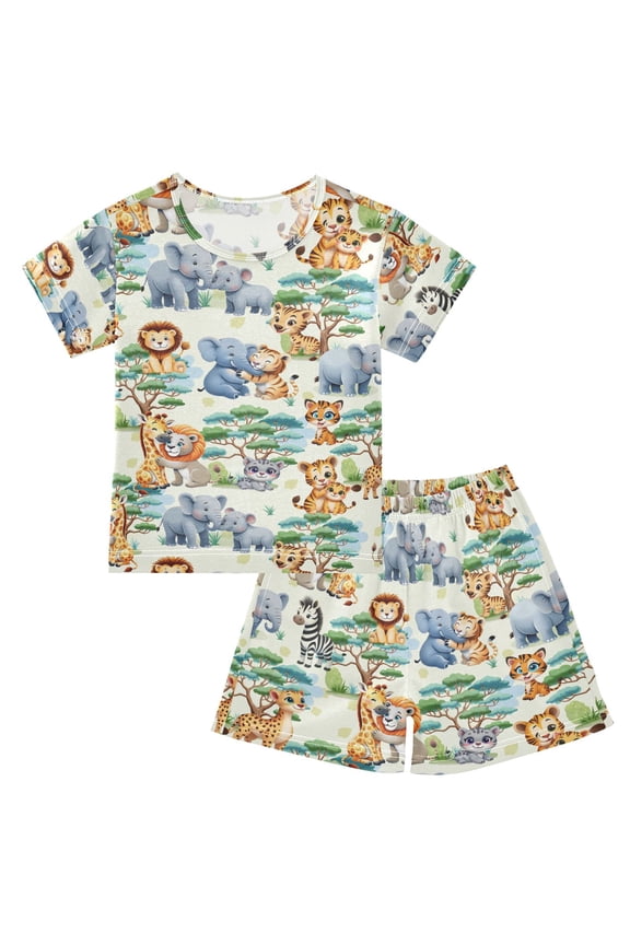 Jungle Animals Lions Elephants Pajama Sets Short Sleeve Cotton 2-Piece Sleepwear 10Y