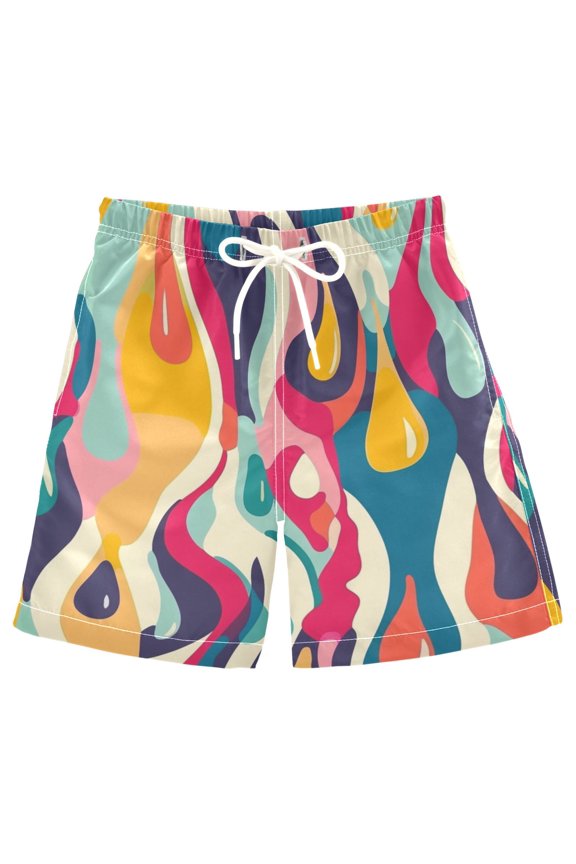 Kids Boys Swim Trunks Abstract Drops Line Pattern Beach Board Shorts Drawstring Swimsuit Kid Teen L