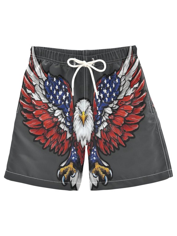 Kids Boys Swim Trunks American Eagle Flag Beach Board Shorts Drawstring Swimsuit Kid Teen M