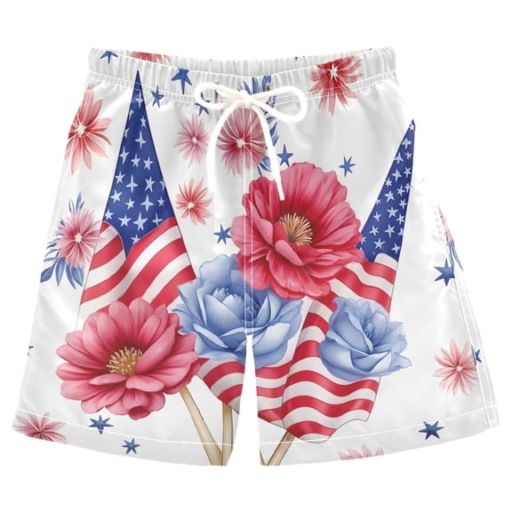 joogoo Kids Boys Swim Trunks American Flag Flowers Beach Board Shorts Drawstring Swimsuit Kid Teen XL