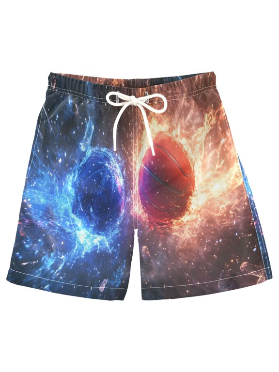 Kids Boys Swim Trunks Basketballs Explosion Beach Board Shorts Drawstring Swimsuit Kid Teen L