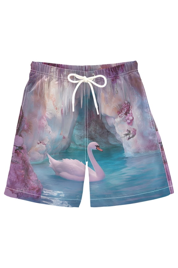 Kids Boys Swim Trunks Beautiful Swan Beach Board Shorts Drawstring Swimsuit Kid Teen L