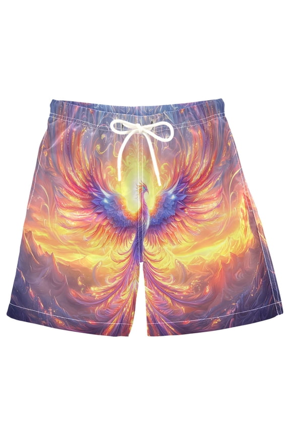 Kids Boys Swim Trunks Bird Neon Phoenix Fire Beach Board Shorts Drawstring Swimsuit Kid Teen L