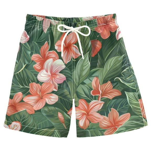 joogoo Kids Boys Swim Trunks Blossoming Lily Flower Leaves Beach Board Shorts Drawstring Swimsuit Kid Teen M