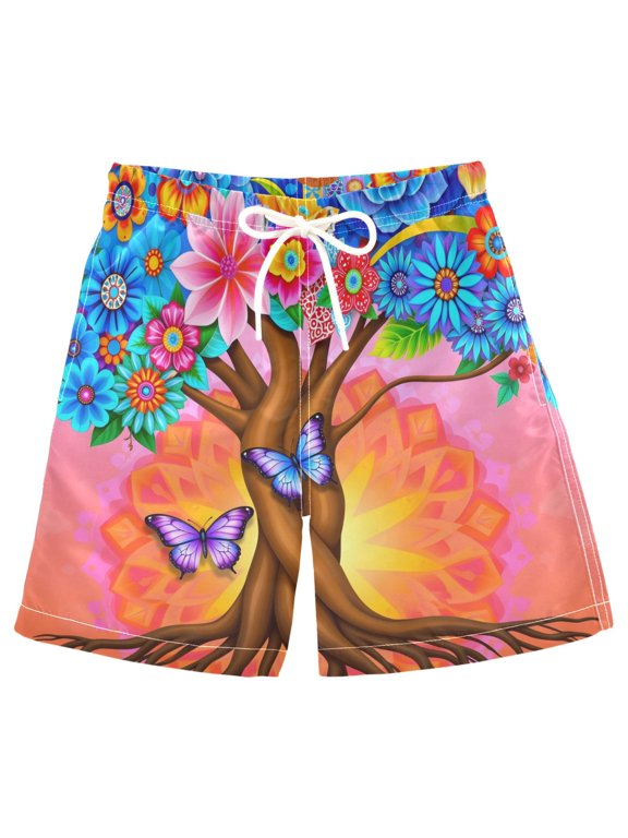 Kids Boys Swim Trunks Boho Butterfly Floral Tree Beach Board Shorts Drawstring Swimsuit Kid Teen M
