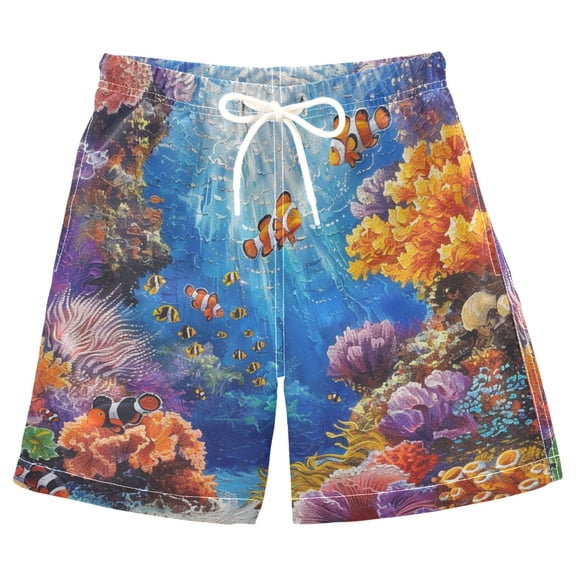 joogoo Kids Boys Swim Trunks Clownfish Corals in Ocean Beach Board Shorts Drawstring Swimsuit Kid Teen M