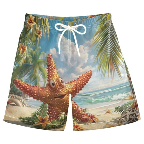 joogoo Kids Boys Swim Trunks Cute Star Fish Tropical Palm Beach Board Shorts Drawstring Swimsuit Kid Teen XL