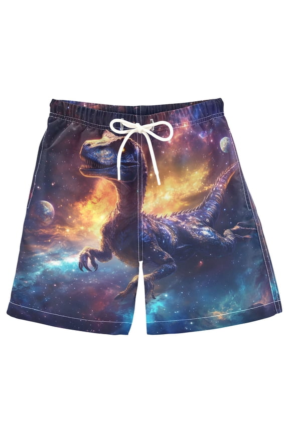 Kids Boys Swim Trunks Dinosaur in Starry Night Beach Board Shorts Drawstring Swimsuit Kid Teen L