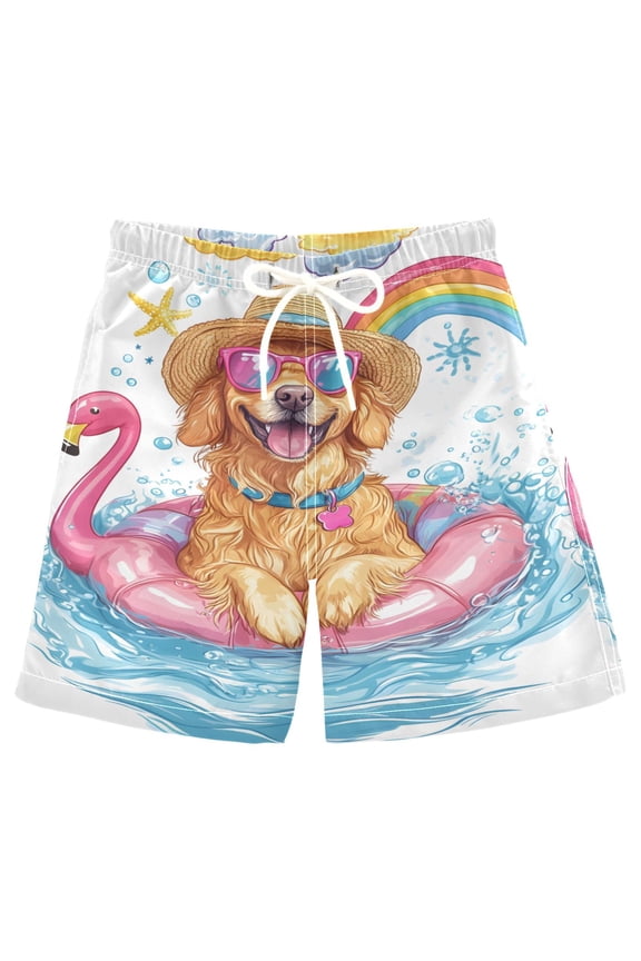 Kids Boys Swim Trunks Dog Summer Flamingo Beach Board Shorts Drawstring Swimsuit Kid Teen L