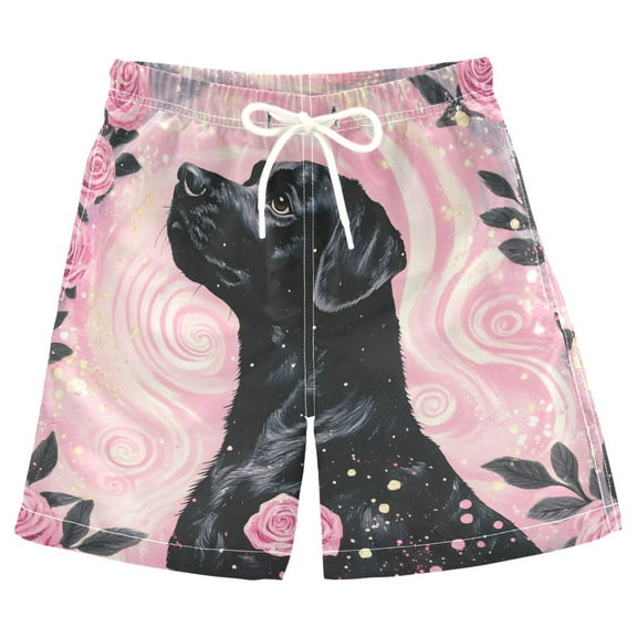 joogoo Kids Boys Swim Trunks Dog in Swirl Flower Beach Board Shorts Drawstring Swimsuit Kid Teen M