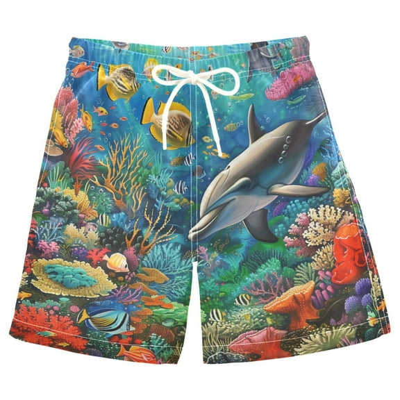 joogoo Kids Boys Swim Trunks Dolphin Fish Coral under Sea Beach Board Shorts Drawstring Swimsuit Kid Teen XL