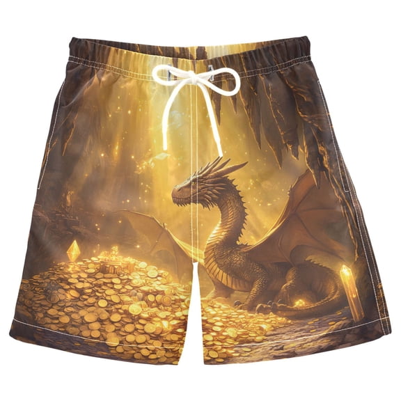 joogoo Kids Boys Swim Trunks Dragon in Golden Beach Board Shorts Drawstring Swimsuit Kid Teen XL