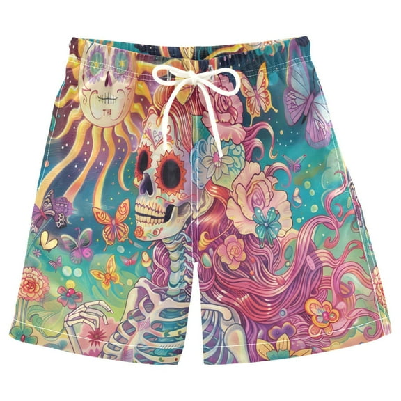 joogoo Kids Boys Swim Trunks Ethnic Bohemia Skeleton Beach Board Shorts Drawstring Swimsuit Kid Teen L