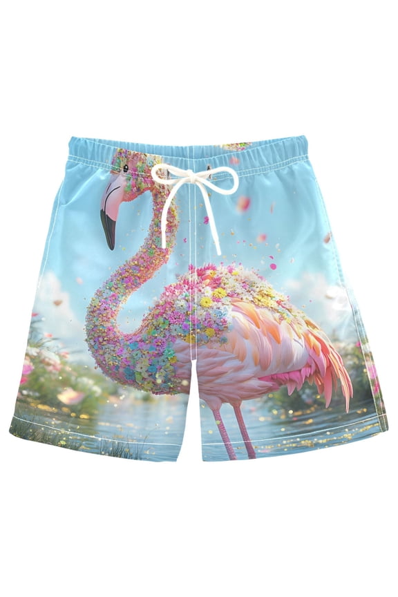 Kids Boys Swim Trunks Flamingo Floral Beach Board Shorts Drawstring Swimsuit Kid Teen XL