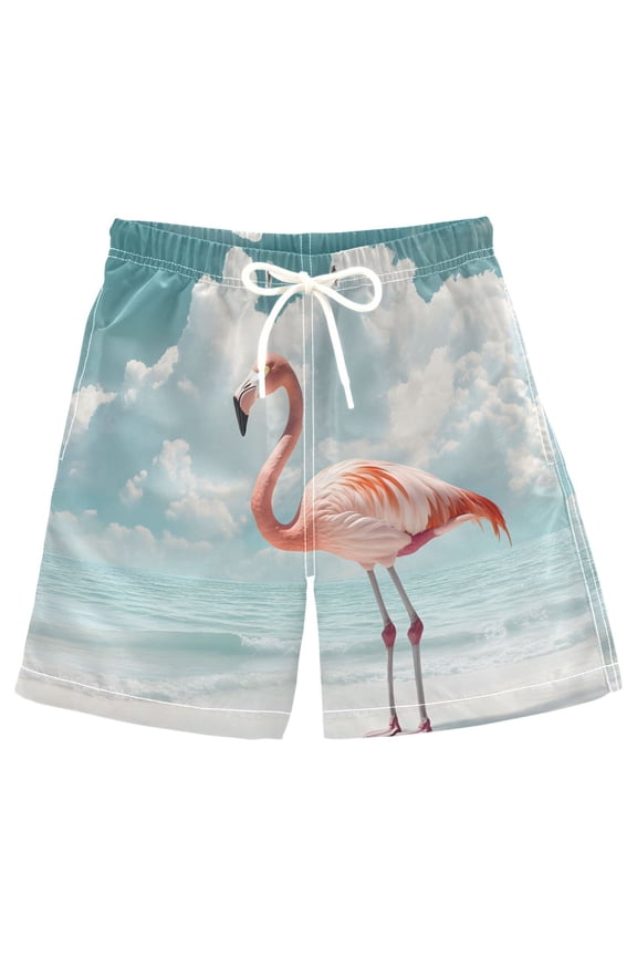 Kids Boys Swim Trunks Flamingo Sea View Beach Board Shorts Drawstring Swimsuit Kid Teen L
