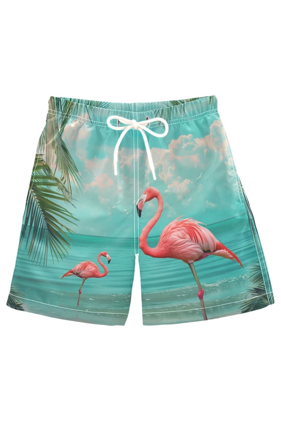 Kids Boys Swim Trunks Flamingo Summer Tropical Palm Tree Beach Board Shorts Drawstring Swimsuit Kid Teen M