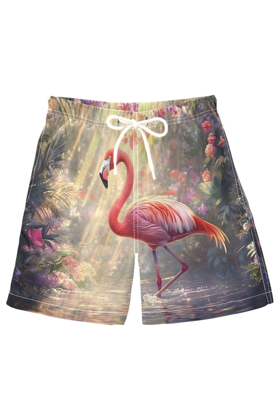 Kids Boys Swim Trunks Flamingo View Beach Board Shorts Drawstring Swimsuit Kid Teen L