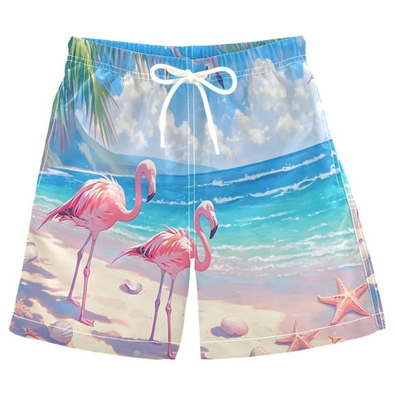joogoo Kids Boys Swim Trunks Flamingo and Starfish on Beach Beach Board Shorts Drawstring Swimsuit Kid Teen XL