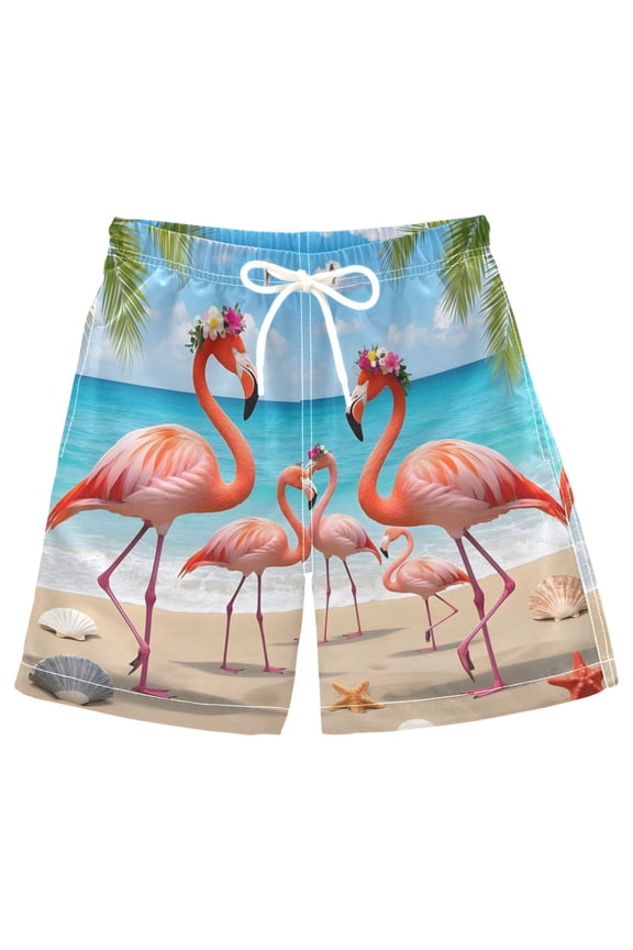 Kids Boys Swim Trunks Flamingo on Beach Beach Board Shorts Drawstring Swimsuit Kid Teen XL
