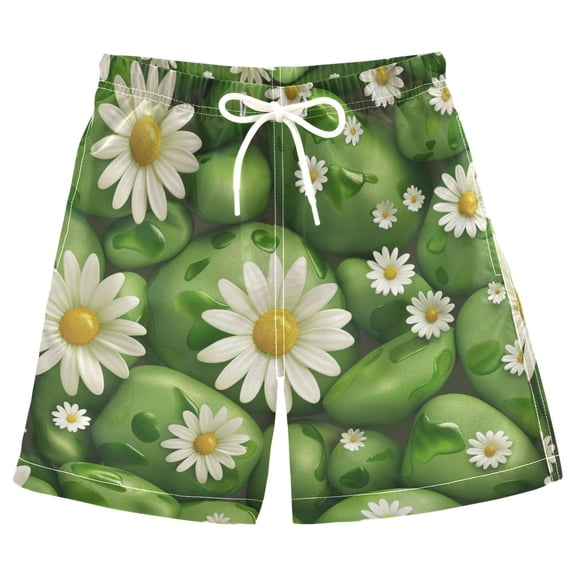 joogoo Kids Boys Swim Trunks Green Stones and Daisy Flowers Beach Board Shorts Drawstring Swimsuit Kid Teen L