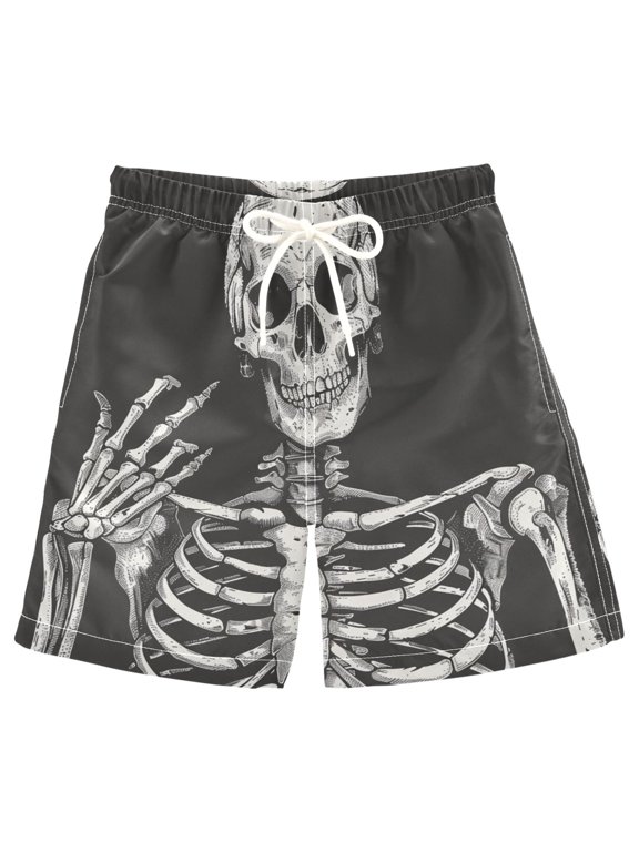 Kids Boys Swim Trunks Human Skeleton Skull Beach Board Shorts Drawstring Swimsuit Kid Teen M