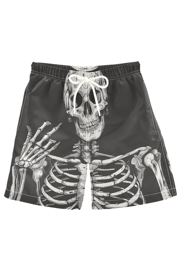 Kids Boys Swim Trunks Human Skeleton Skull Beach Board Shorts Drawstring Swimsuit Kid Teen XL
