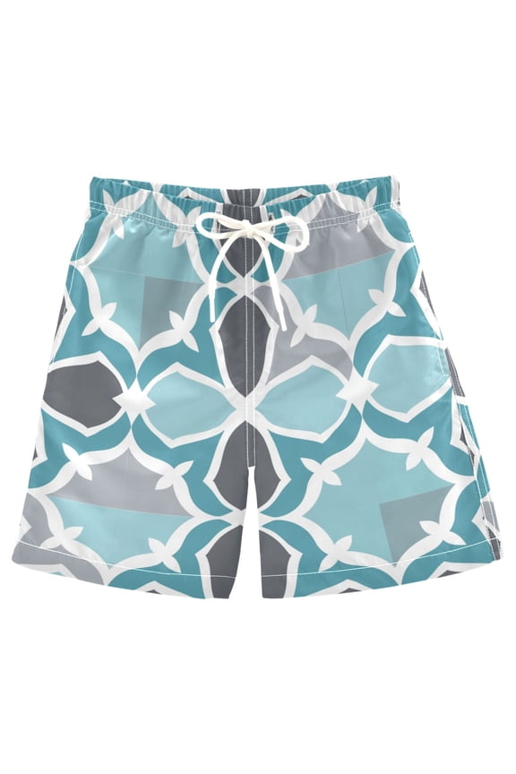 Kids Boys Swim Trunks Moroccan Geometry Beach Board Shorts Drawstring Swimsuit Kid Teen M