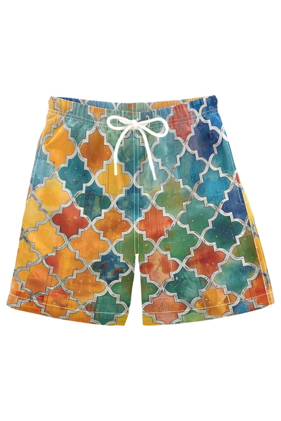 Kids Boys Swim Trunks Moroccan Lattice Beach Board Shorts Drawstring Swimsuit Kid Teen XL