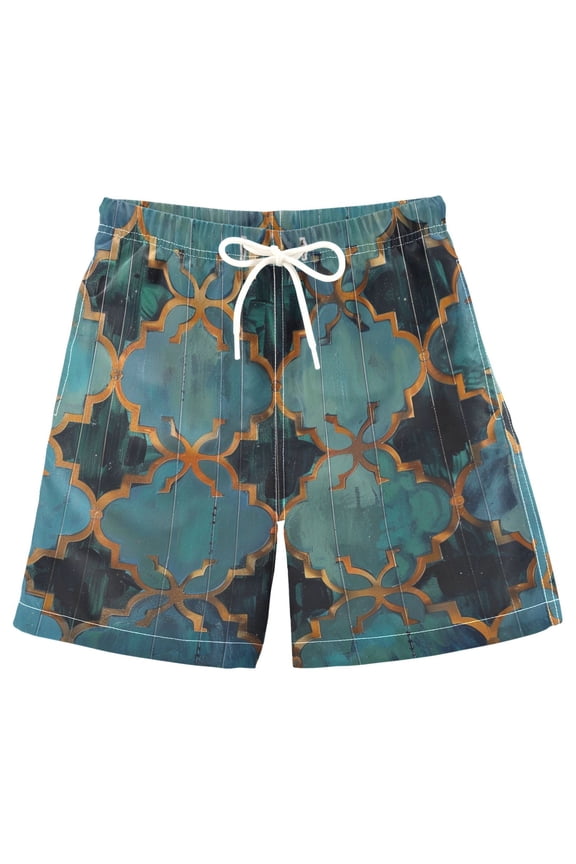 Kids Boys Swim Trunks Moroccan Print Beach Board Shorts Drawstring Swimsuit Kid Teen M