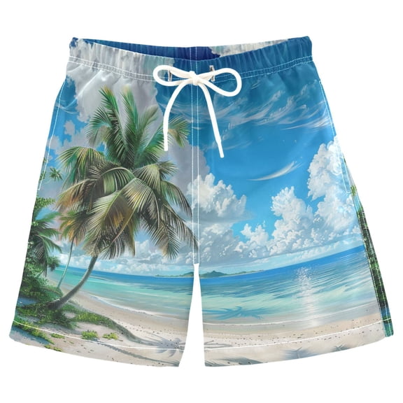 joogoo Kids Boys Swim Trunks Palm Tree on Beach View Beach Board Shorts Drawstring Swimsuit Kid Teen XL