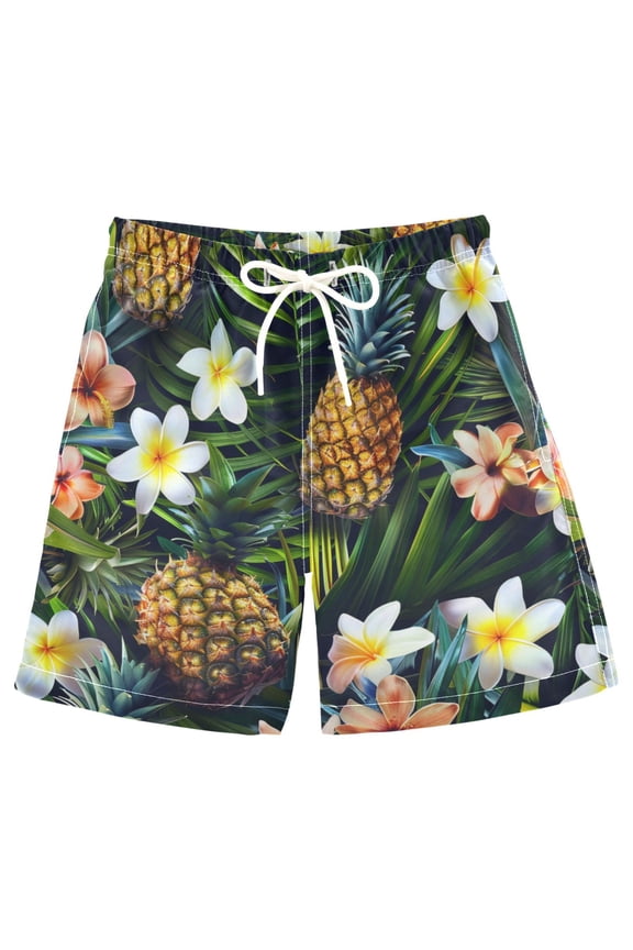 Kids Boys Swim Trunks Pineapple Tropical Jasmine Flowers Beach Board Shorts Drawstring Swimsuit Kid Teen L
