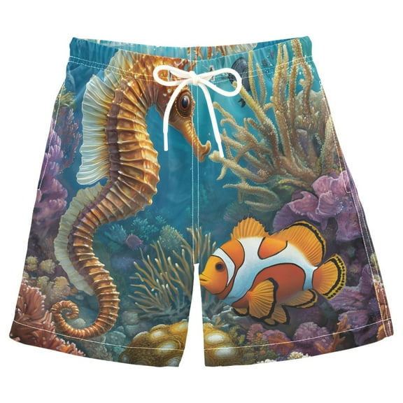 joogoo Kids Boys Swim Trunks Seahorse Clownfish Beach Board Shorts Drawstring Swimsuit Kid Teen M