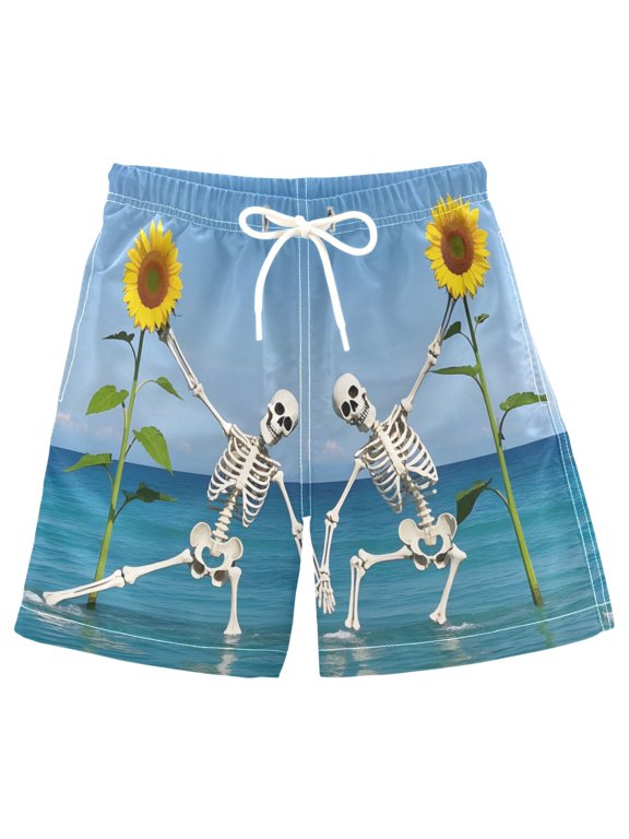 Kids Boys Swim Trunks Skull Sunflower Dancing Beach Board Shorts Drawstring Swimsuit Kid Teen L