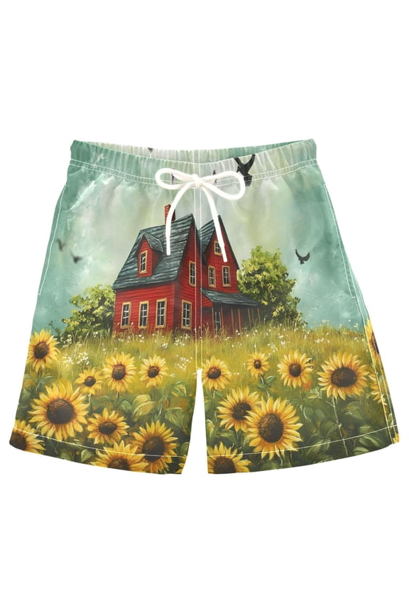 Kids Boys Swim Trunks Sunflower Landscape Beach Board Shorts Drawstring Swimsuit Kid Teen M