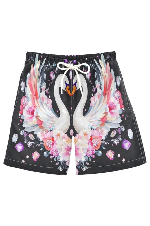 Kids Boys Swim Trunks Swans Flower Beach Board Shorts Drawstring Swimsuit Kid Teen XL