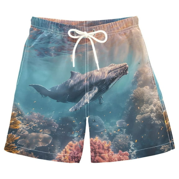 joogoo Kids Boys Swim Trunks Whale Swims in The Sea Beach Board Shorts Drawstring Swimsuit Kid Teen M