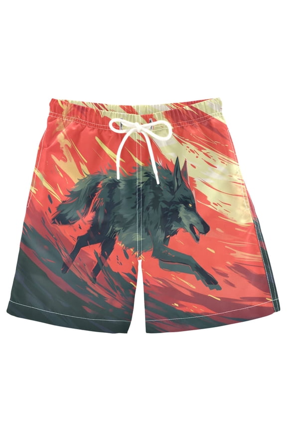Kids Boys Swim Trunks Wolf Running Beach Board Shorts Drawstring Swimsuit Kid Teen M
