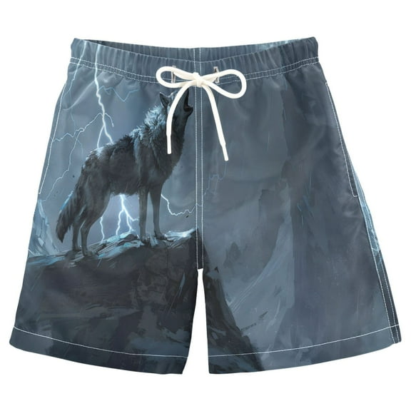 joogoo Kids Boys Swim Trunks Wolf and Lightning on Mountain Beach Board Shorts Drawstring Swimsuit Kid Teen M