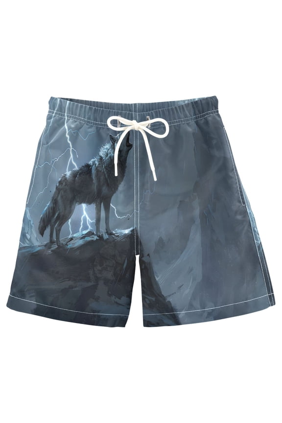 Kids Boys Swim Trunks Wolf and Lightning on Mountain Beach Board Shorts Drawstring Swimsuit Kid Teen XL