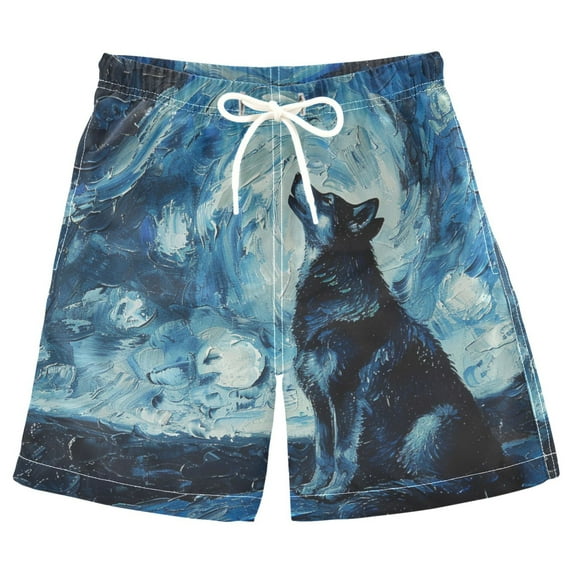 joogoo Kids Boys Swim Trunks Wolf in Night Beach Board Shorts Drawstring Swimsuit Kid Teen L