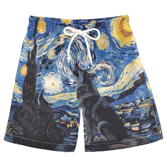 joogoo Kids Boys Swim Trunks Wolf in Night Sky Oil Paint Beach Board Shorts Drawstring Swimsuit Kid Teen L