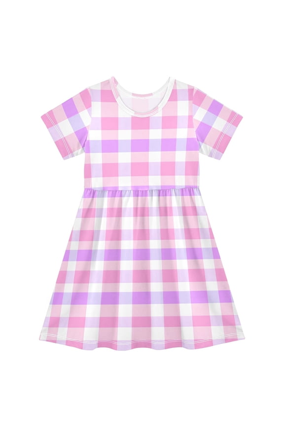 Lavender Checkered Girls' Short Sleeve Dress Kids Dresses 5-6T