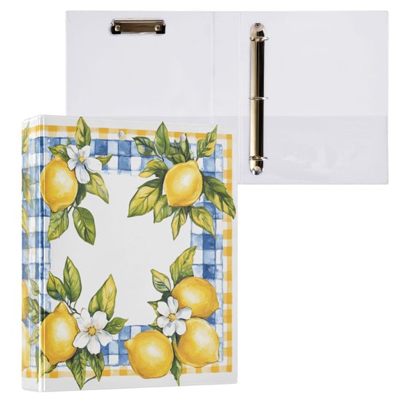 joogoo Lemon and Checkered Grid Pattern Hardcover 3 Ring Binder 1.5" Round Rings Interior Pockets Binders Organizer 1 Pack