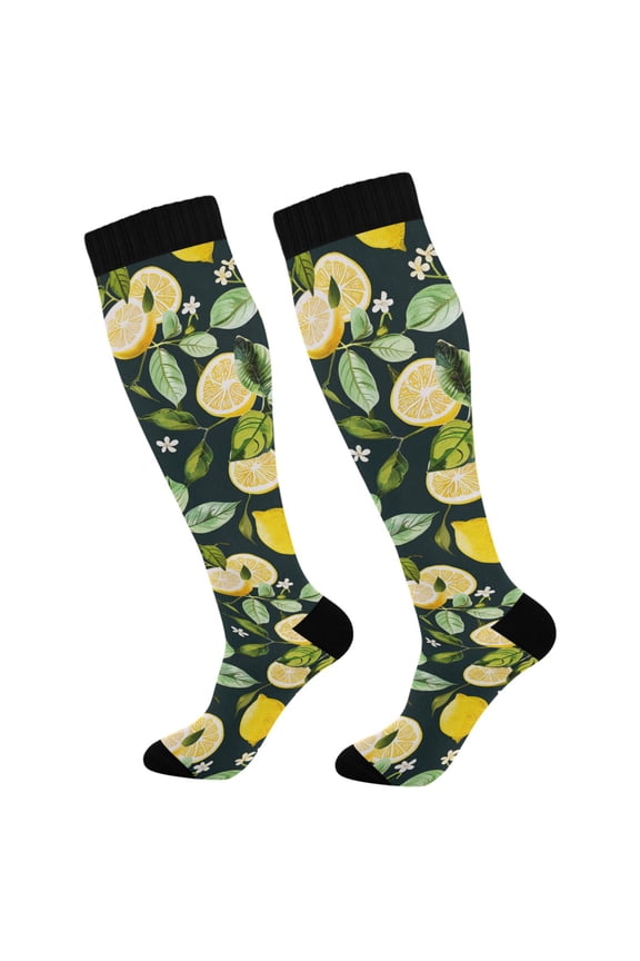 Lemon and Leaves Floral Socks Women Men Knee High Sock