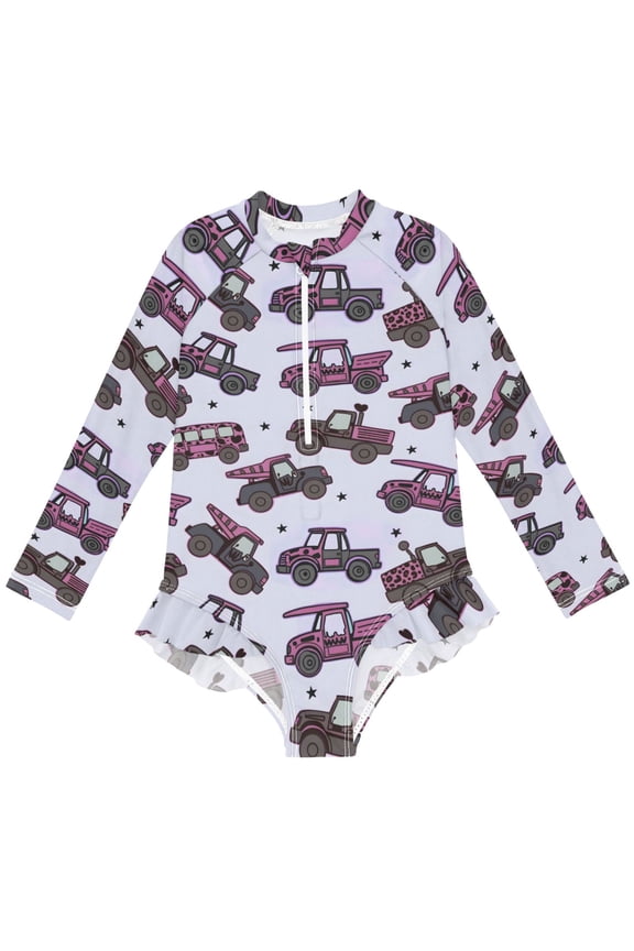Leopard Cartoon Cars Pattern Girls One-Piece Swimsuits UPF 50+ Long Sleeve Rash Guard Bathing Suit 4 Years